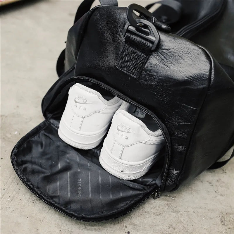 Black fabric portable travel bag shown in large 49cm and small 45cm sizes