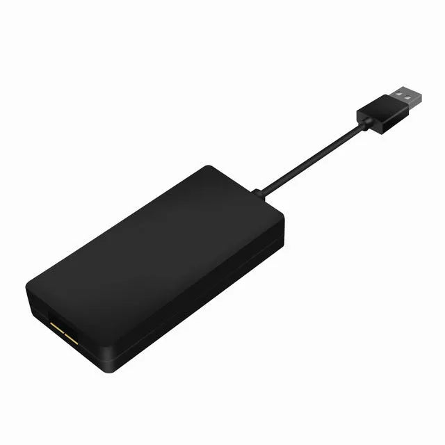 Black Wireless CarPlay USB dongle for connecting iPhone to Android car stereo systems.