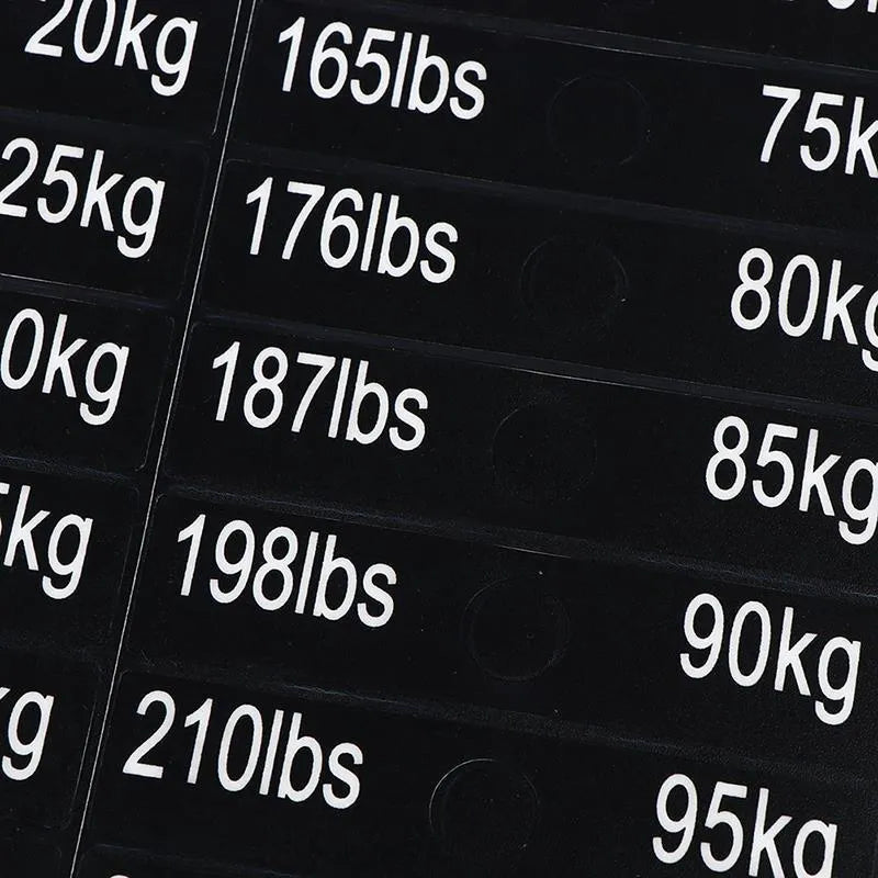 Gym equipment weight sticker labels for counterweight identification set 5-100kg 90mm length 20mm height Aspic colour