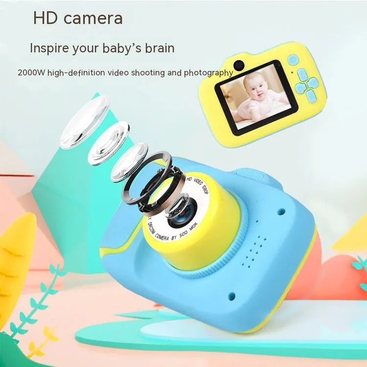 HD children's camera with 2.0 inch LCD screen in pink, showing video mode, with data cable and manual