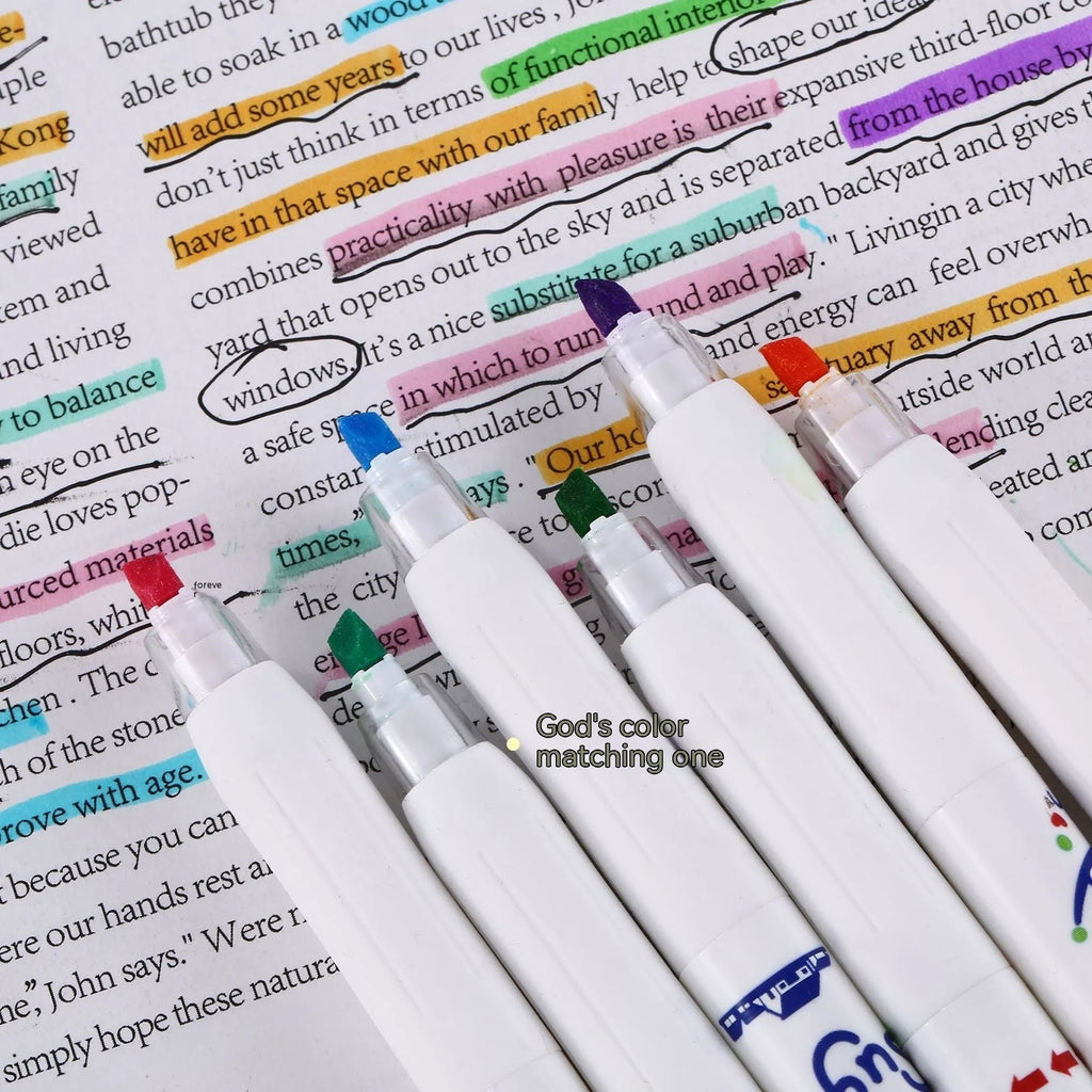 Boxed set of 6 fluorescent highlighter pens with oblique heads and plastic shells for key marking and journal use