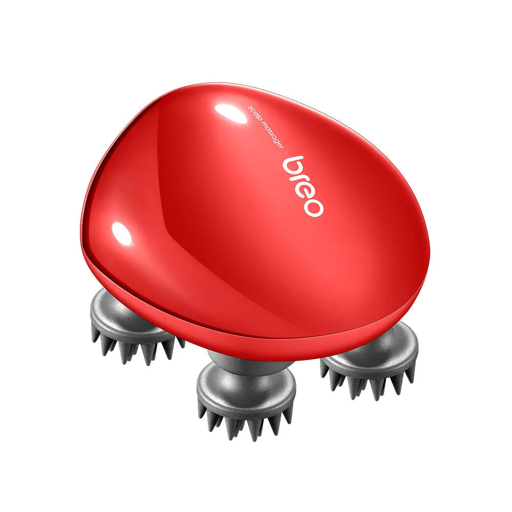 Red electric scalp massager with kneading heads showing compact 110mm x 120mm x 82mm dimensions