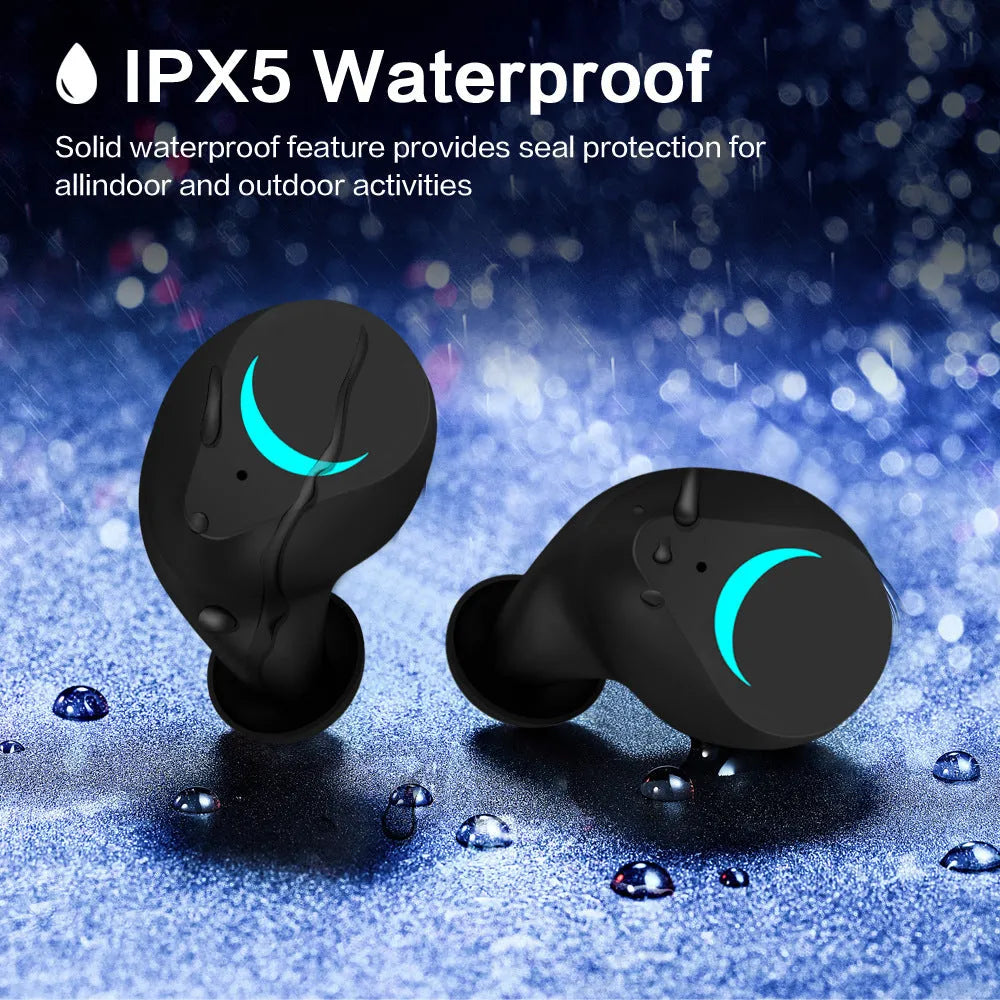 Black true wireless stereo Bluetooth earbuds with charging case showing 15m range