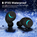 Black true wireless stereo Bluetooth earbuds with charging case showing 15m range