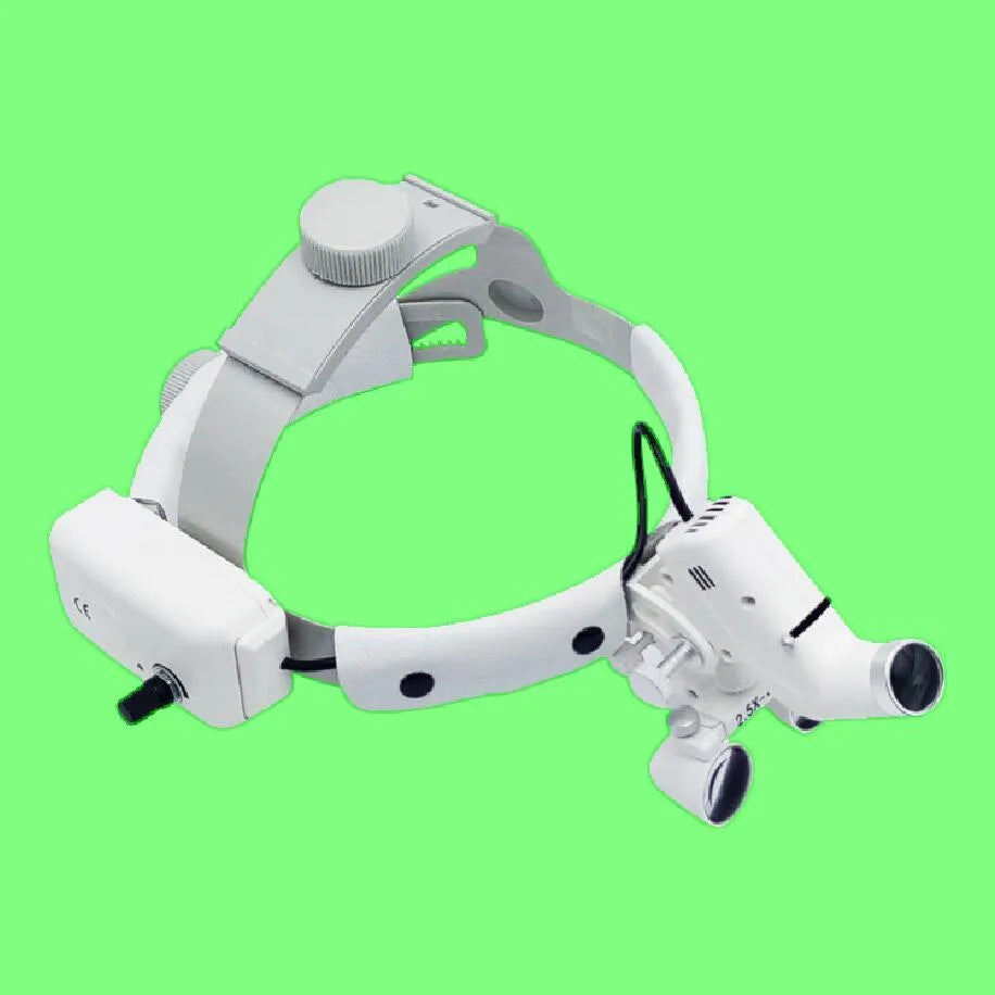 Head-mounted medical magnifying lens with LED spotlight, adjustable brightness, black plastic plexiglass housing