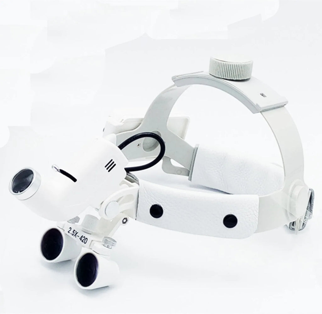 Head-mounted medical magnifying lens with LED spotlight, adjustable brightness, black plastic plexiglass housing