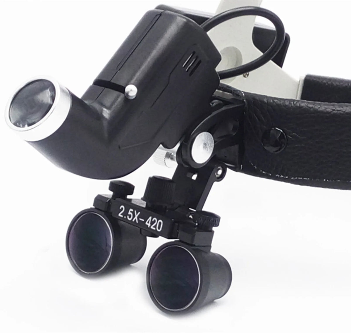Head-mounted medical magnifying lens with LED spotlight, adjustable brightness, black plastic plexiglass housing