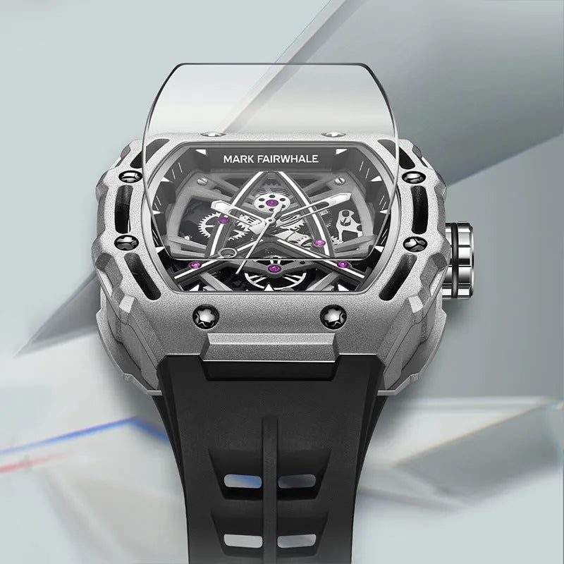 Men's barrel-shaped hollow automatic mechanical watch with black silicone strap and metal case, 44mm