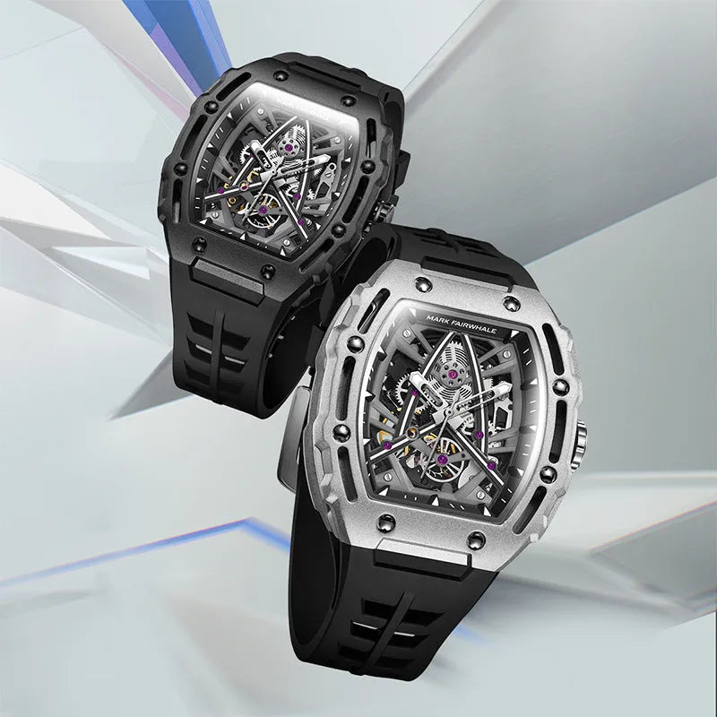 Men's barrel-shaped hollow automatic mechanical watch with black silicone strap and metal case, 44mm