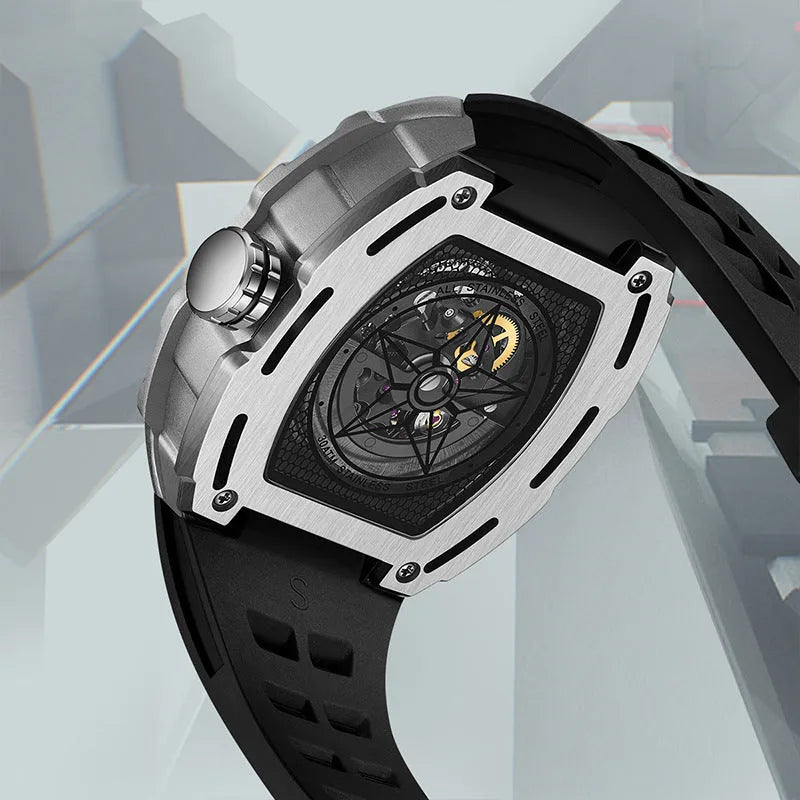 Men's barrel-shaped hollow automatic mechanical watch with black silicone strap and metal case, 44mm