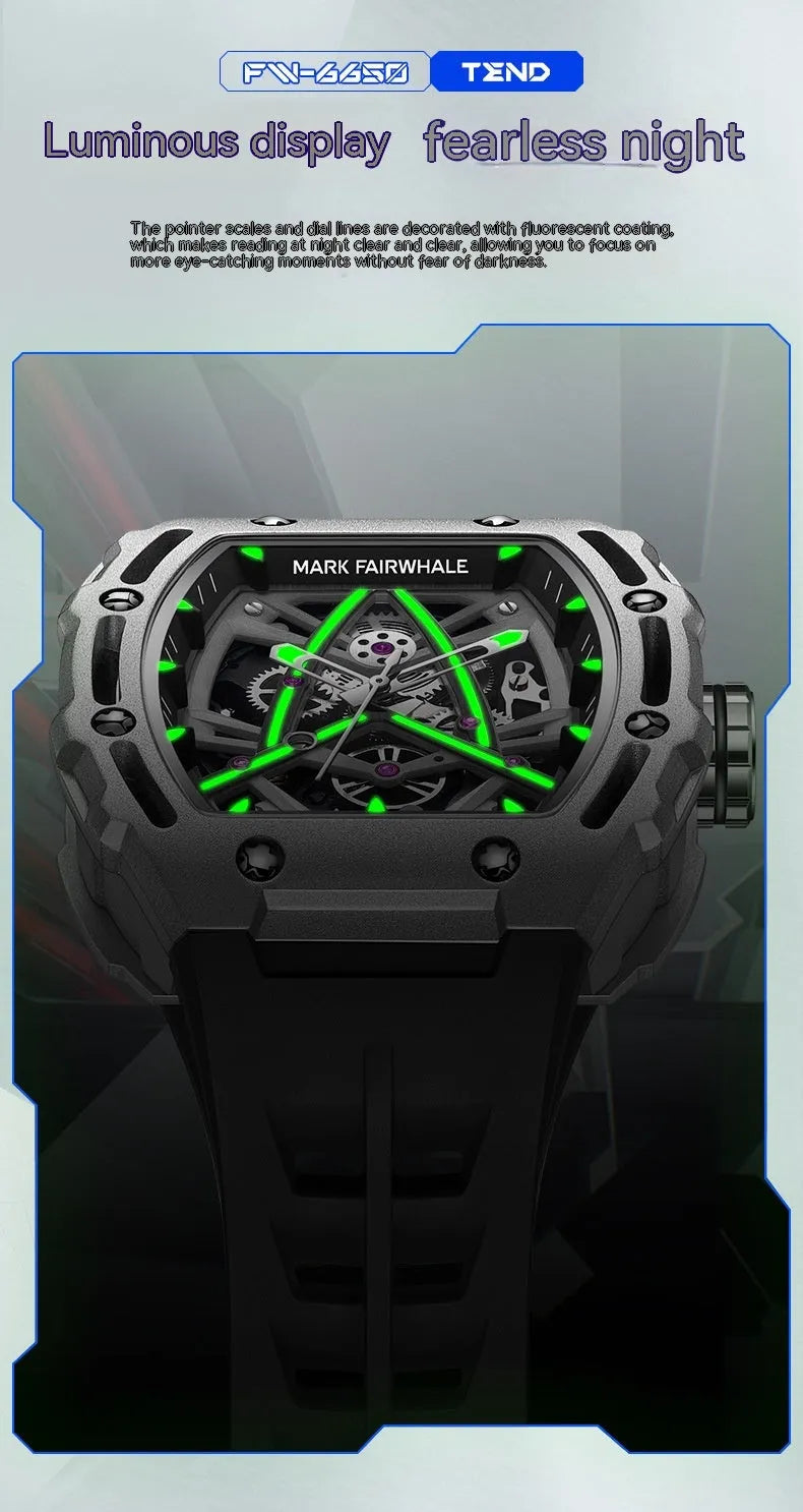 Men's barrel-shaped hollow automatic mechanical watch with black silicone strap and metal case, 44mm