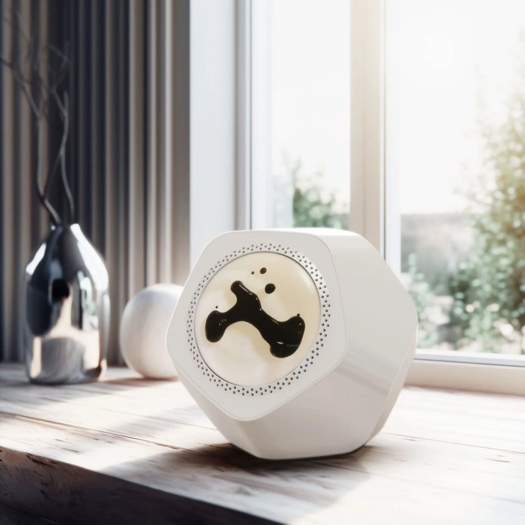 Floating magnetic fluid Bluetooth speaker in silver gray on a desktop, with magnetic fluid swirling inside the chamber