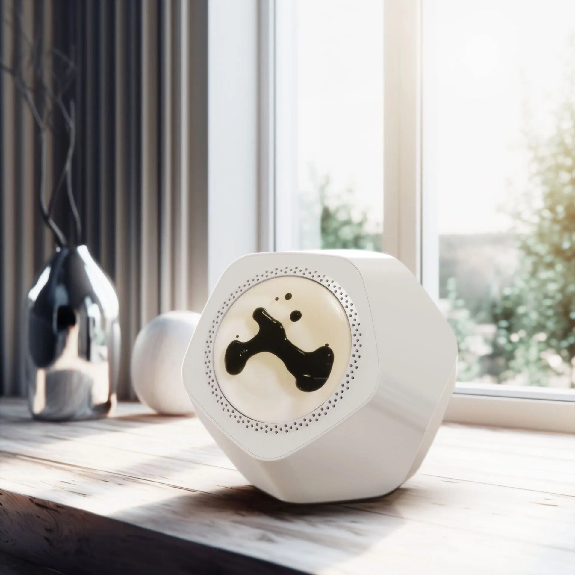 Floating magnetic fluid Bluetooth speaker in silver gray on a desktop, with magnetic fluid swirling inside the chamber