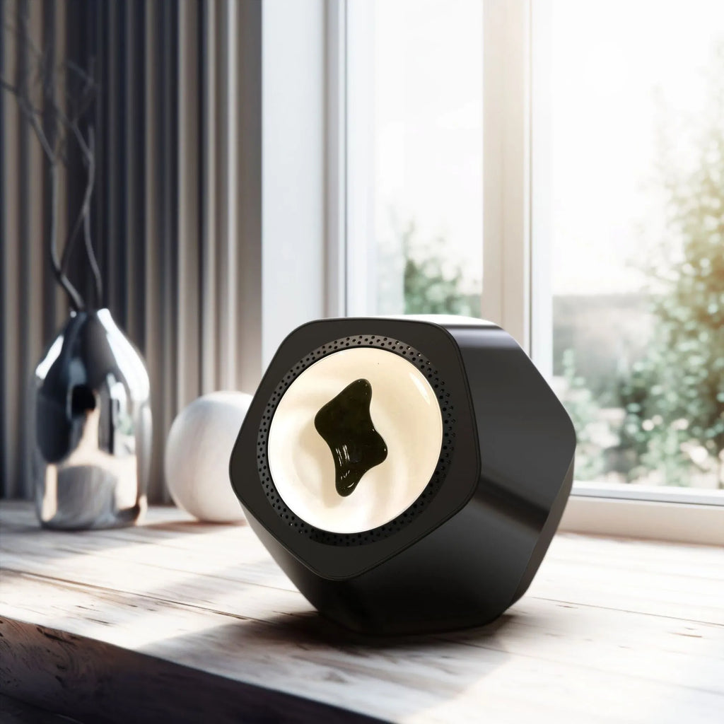 Floating magnetic fluid Bluetooth speaker in silver gray on a desktop, with magnetic fluid swirling inside the chamber