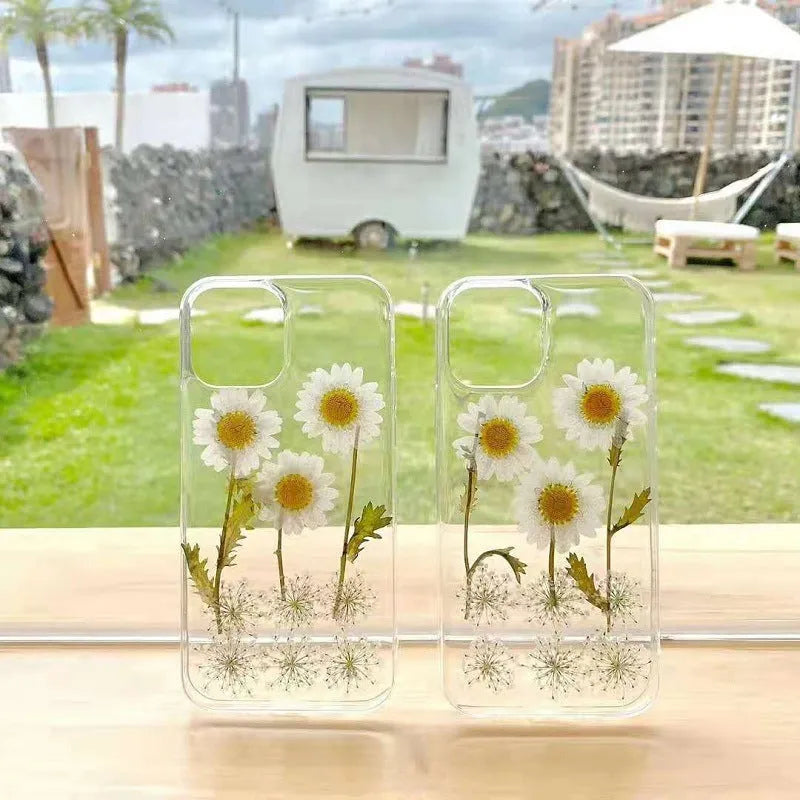 White epoxy daisy floral pattern on a glass back iPhone protective case.