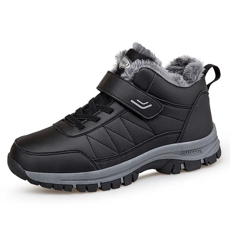 Men's high-top fleece-lined waterproof hiking shoes in solid colour YS9706 Black with front lace-up closure