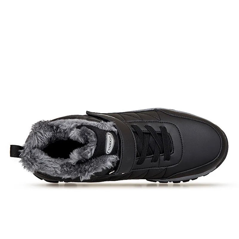 Men's high-top fleece-lined waterproof hiking shoes in solid colour YS9706 Black with front lace-up closure