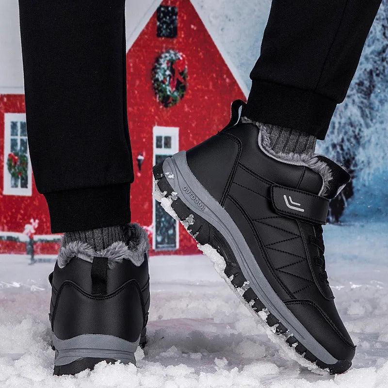 Men's high-top fleece-lined waterproof hiking shoes in solid colour YS9706 Black with front lace-up closure