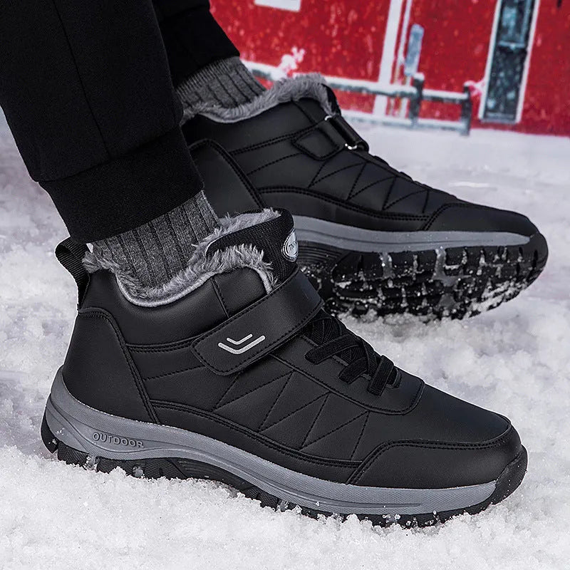 Men's high-top fleece-lined waterproof hiking shoes in solid colour YS9706 Black with front lace-up closure