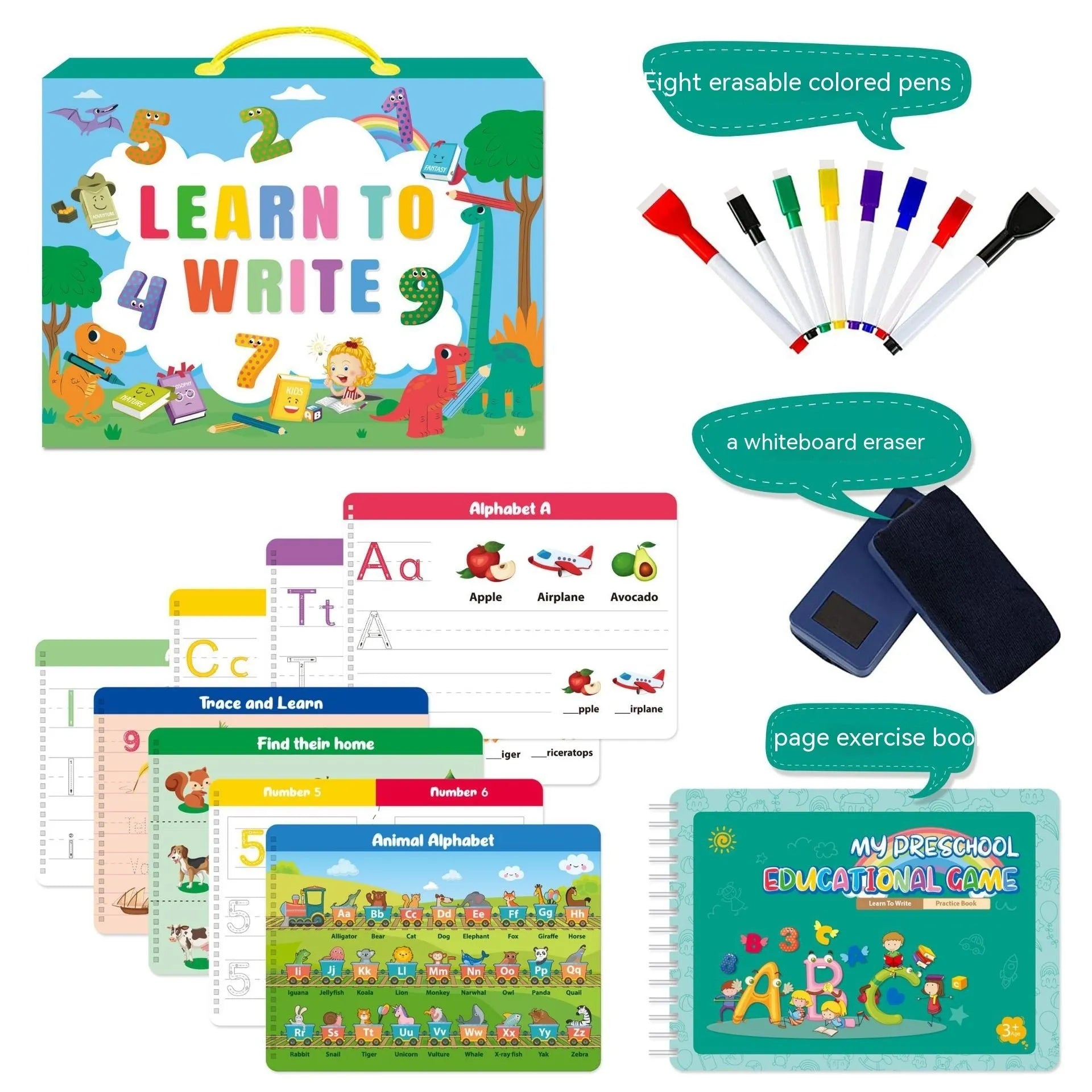 Montessori handwriting practice book with erasable pens and reward stickers for children