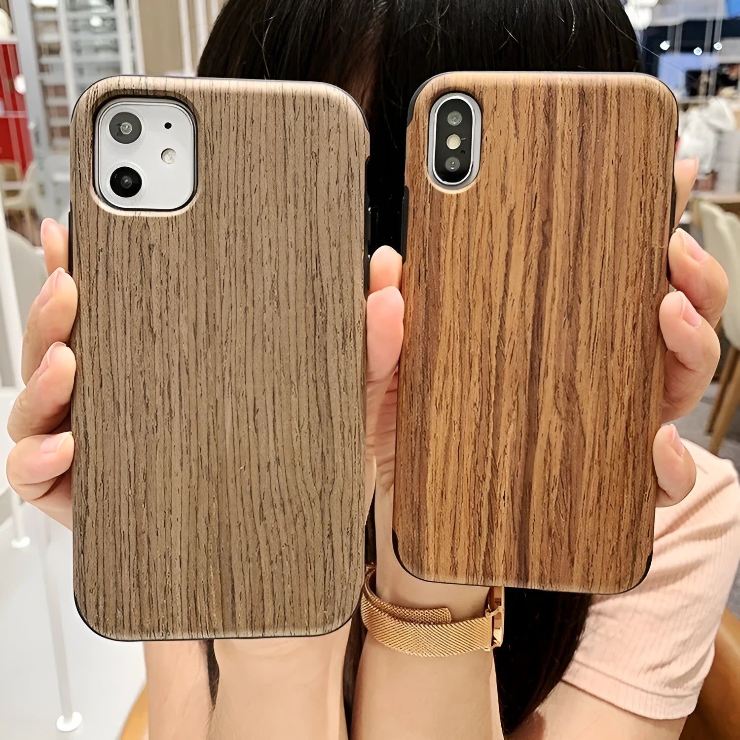 Wood iPhone case in Rosewood colour showing natural wood grain on back cover design