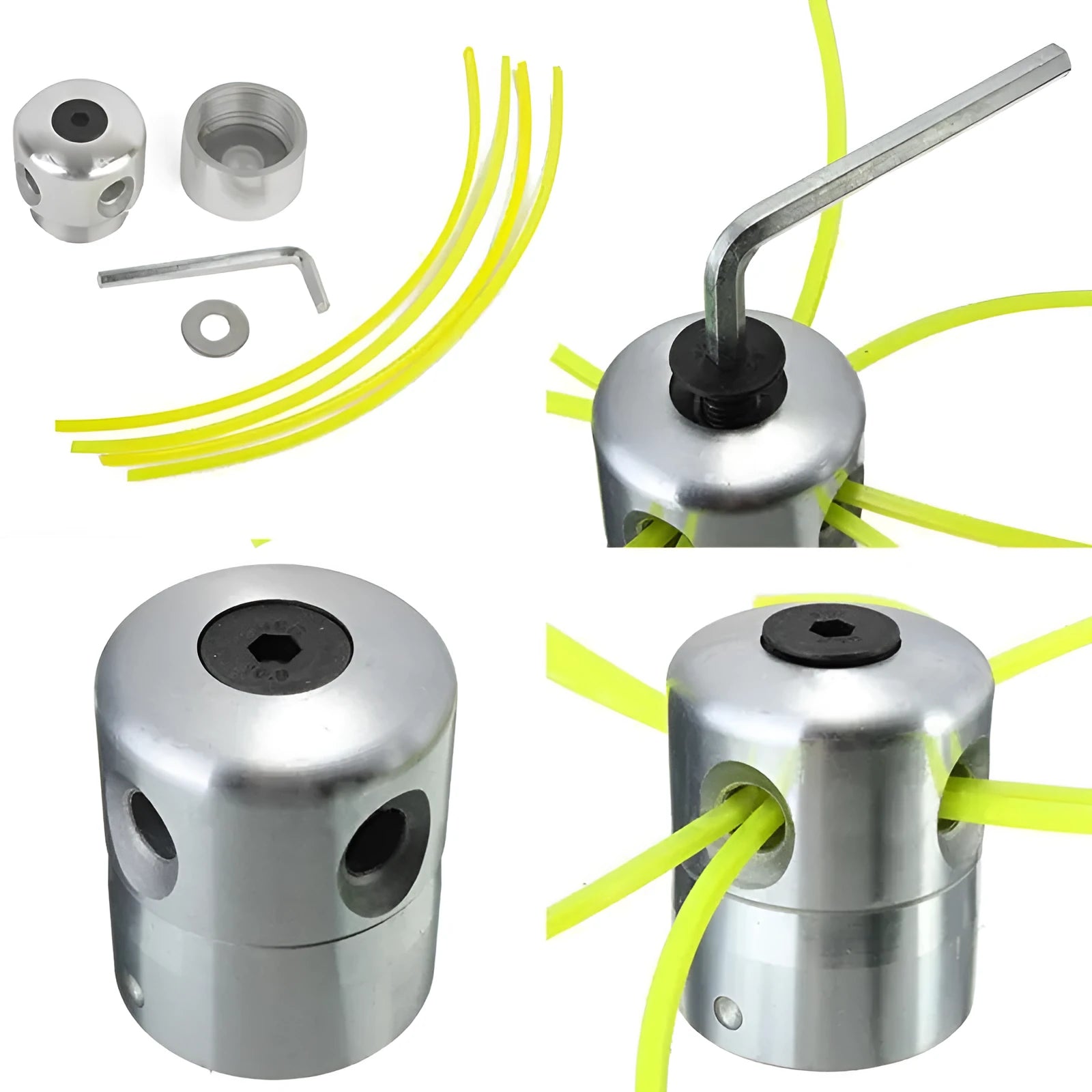 Silver aluminium lawn mower grass trimmer head accessory with four light yellow square ropes and a wrench.