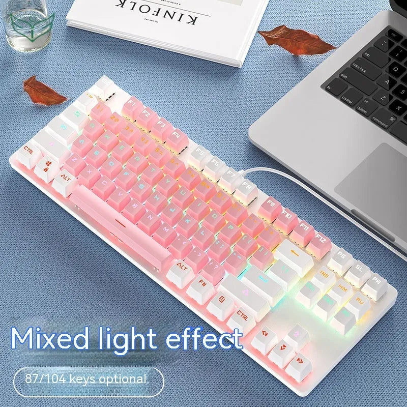 87-key mechanical keyboard with green axis switches, wired desktop connection, plastic body, compact layout