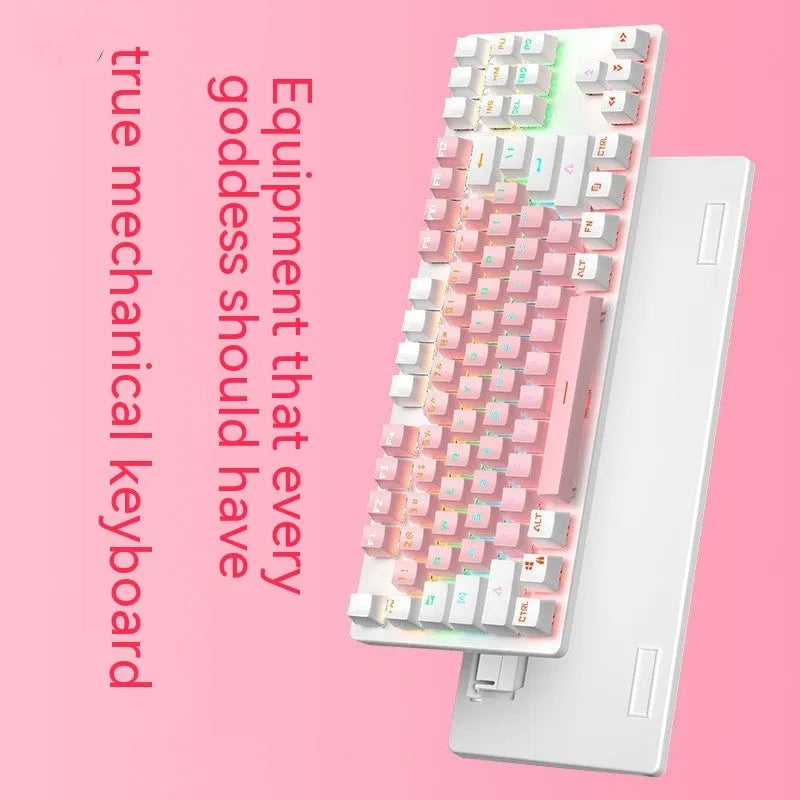 87-key mechanical keyboard with green axis switches, wired desktop connection, plastic body, compact layout