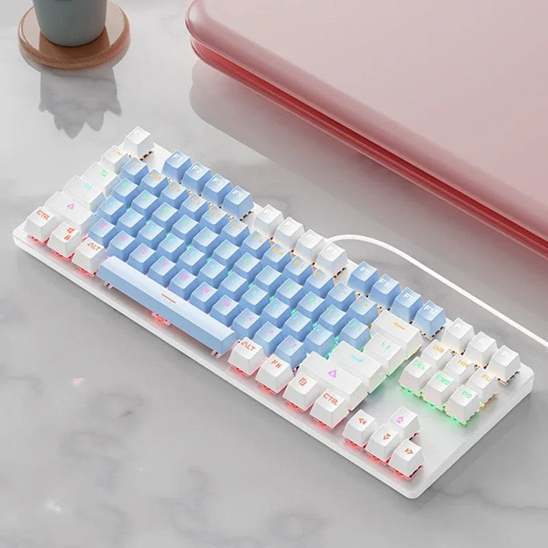 87-key mechanical keyboard with green axis switches, wired desktop connection, plastic body, compact layout