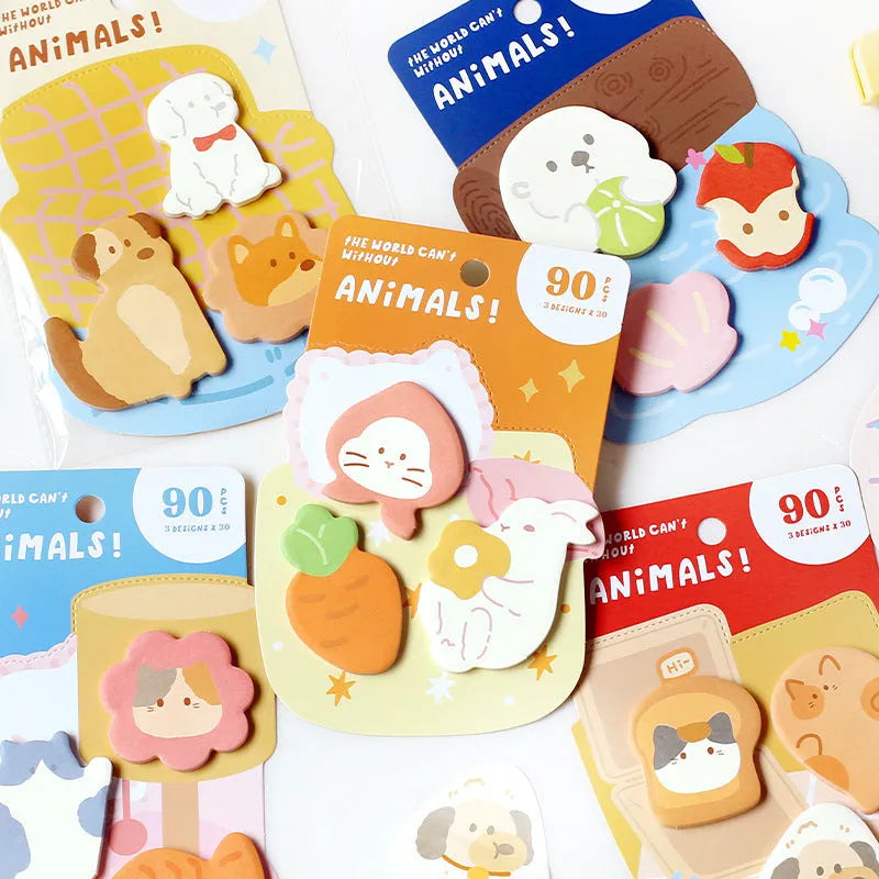 Animal shaped sticky note set showing six cover colour options including kitten and puppy designs