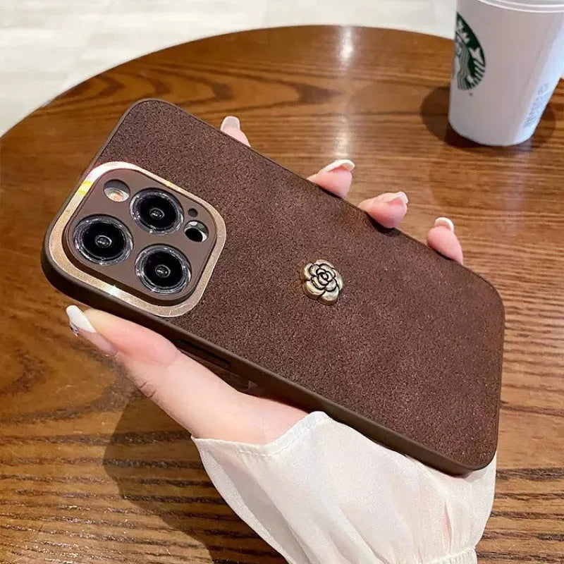 Brown Camellia phone case with frosted finish for iPhone 11 12 X Xs 14