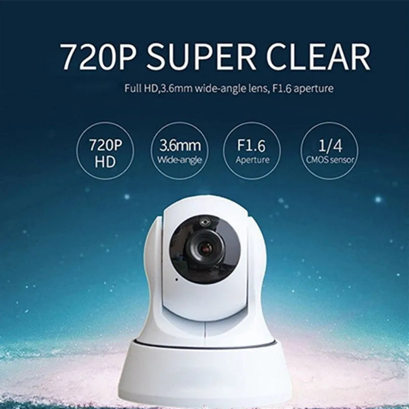 White 720P wireless network camera with pan/tilt, night vision, and built-in speaker for indoor security