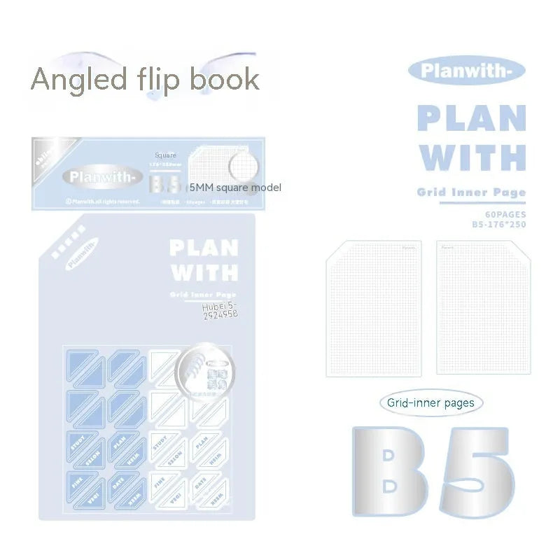 Oblique angle artsy Ins style salt series student notebook in A5 and B5 sizes with white or blue plaid cover options.