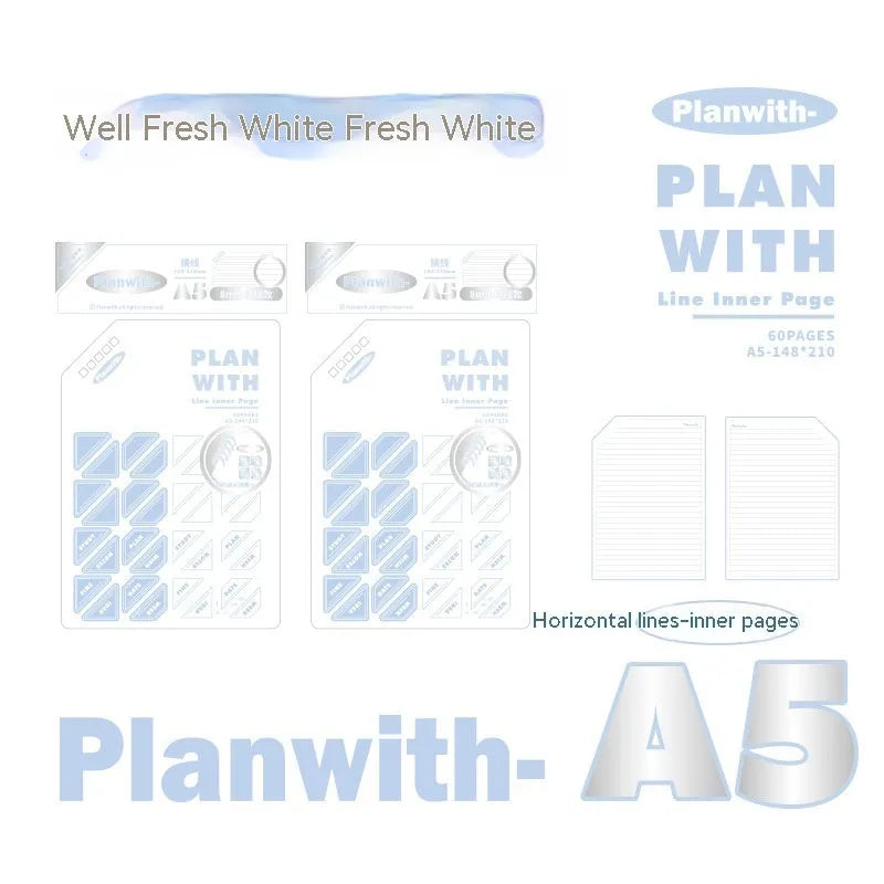 Oblique angle artsy Ins style salt series student notebook in A5 and B5 sizes with white or blue plaid cover options.