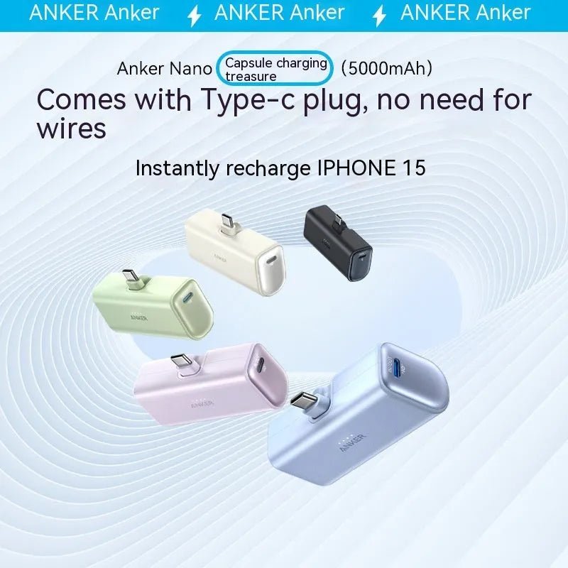 Compact capsule power bank in black white green blue pink colours showing 77x36x25mm size with Type C port