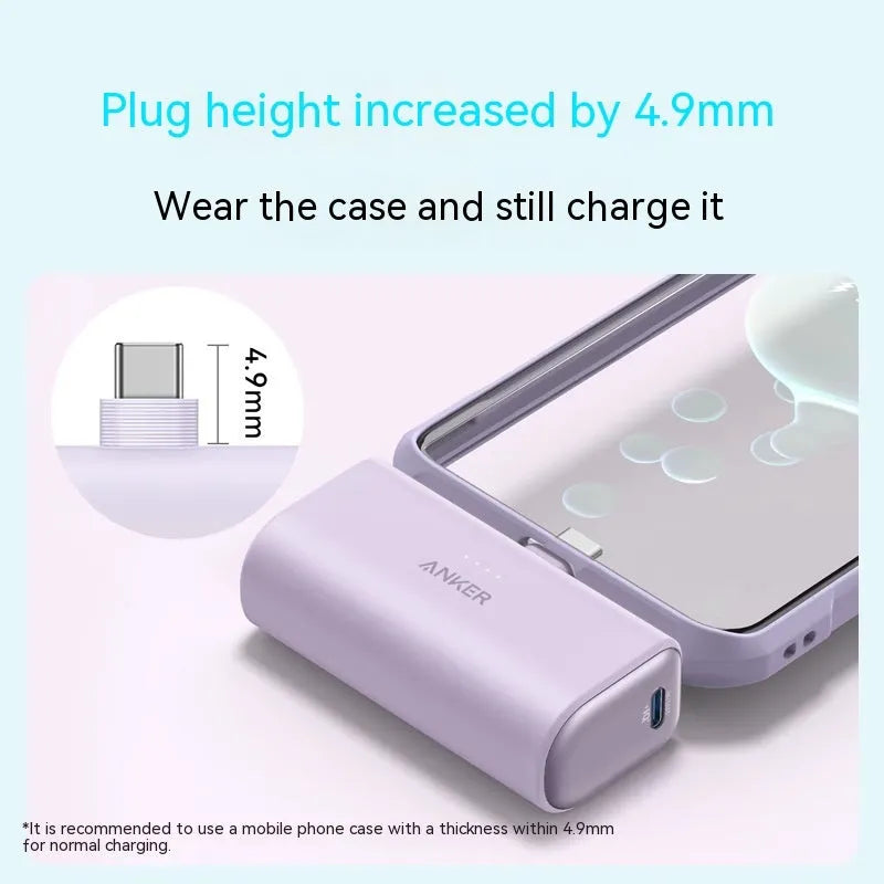 Compact capsule power bank in black white green blue pink colours showing 77x36x25mm size with Type C port