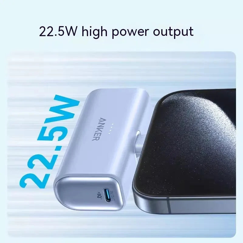 Compact capsule power bank in black white green blue pink colours showing 77x36x25mm size with Type C port