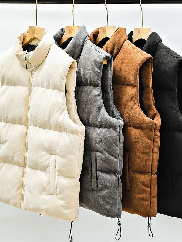 Men's winter stand-up collar padded vest in solid colour with topstitching slit pockets, loose fit cardigan style