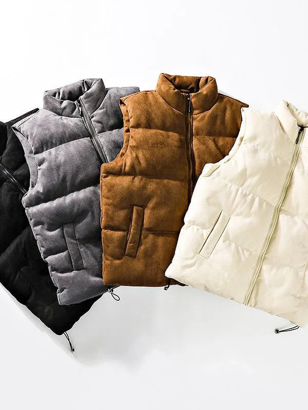 Men's winter stand-up collar padded vest in solid colour with topstitching slit pockets, loose fit cardigan style