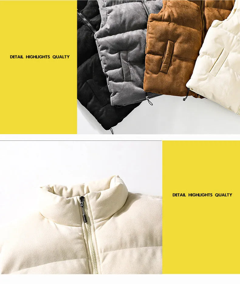 Men's winter stand-up collar padded vest in solid colour with topstitching slit pockets, loose fit cardigan style