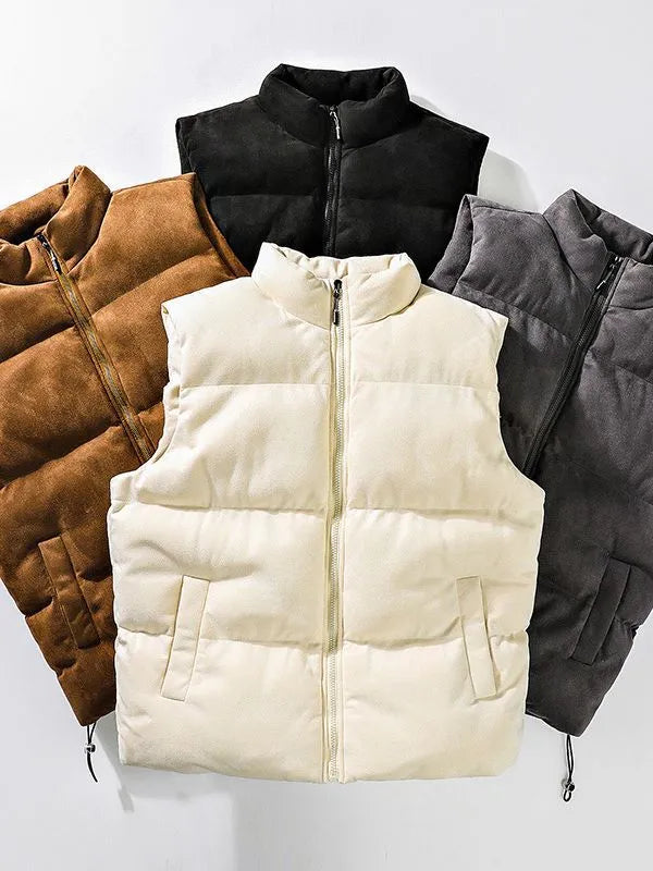 Men's winter stand-up collar padded vest in solid colour with topstitching slit pockets, loose fit cardigan style