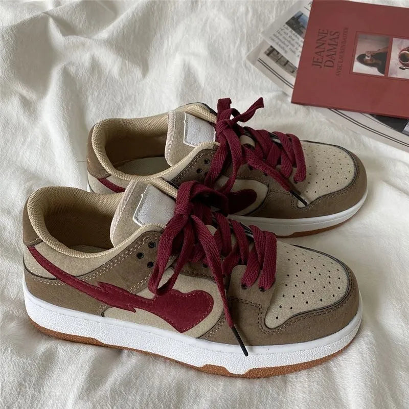 Women's brown PU leather casual bread shoes with round toe, low top, and mid heel, front lace-up closure