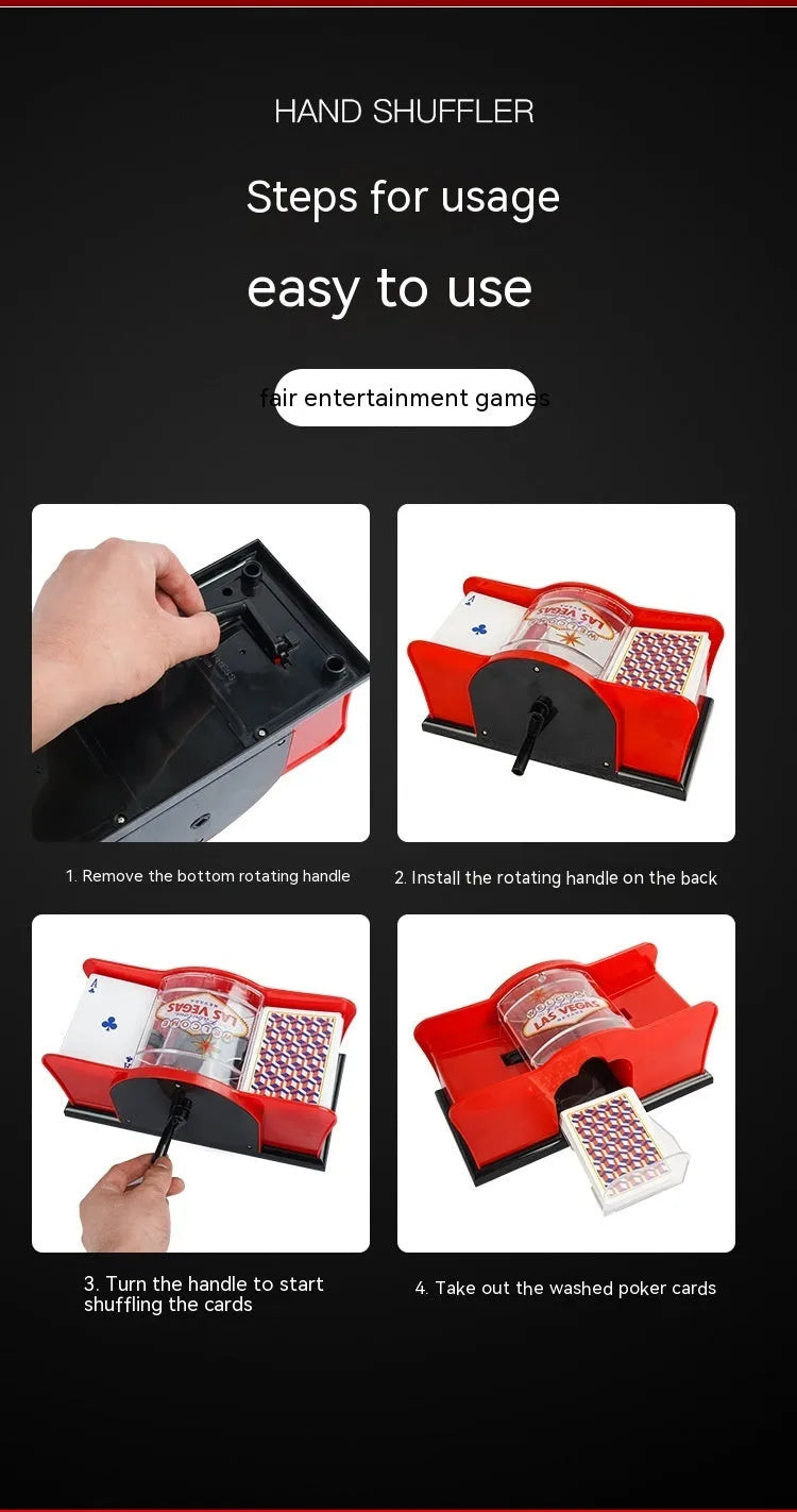 Black and red manual hand-crank card shuffler machine for casino games on a table.