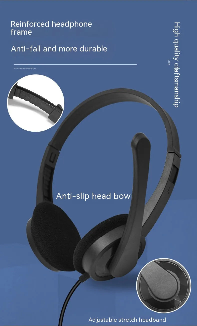 Black USB wired gaming headset with microphone, sponge ear pads and PVC cable for PC computer use