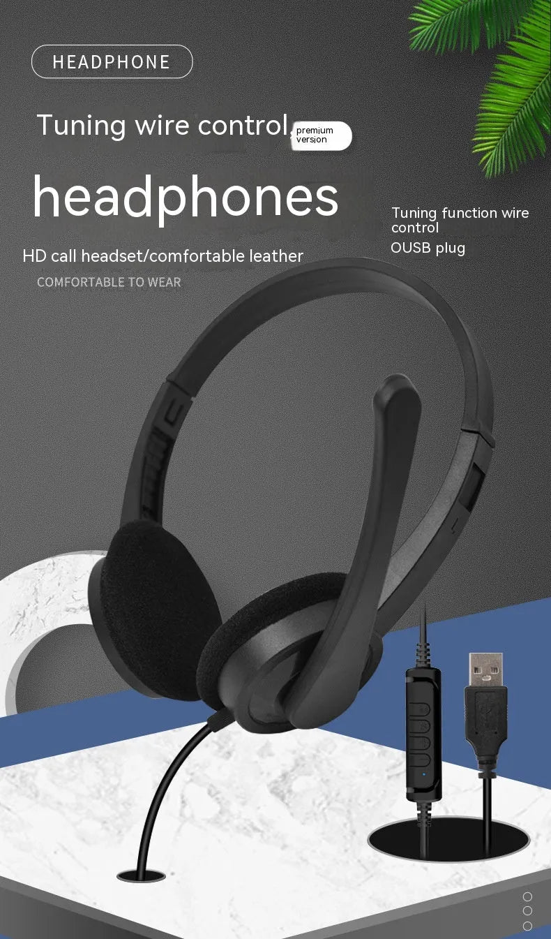 Black USB wired gaming headset with microphone, sponge ear pads and PVC cable for PC computer use