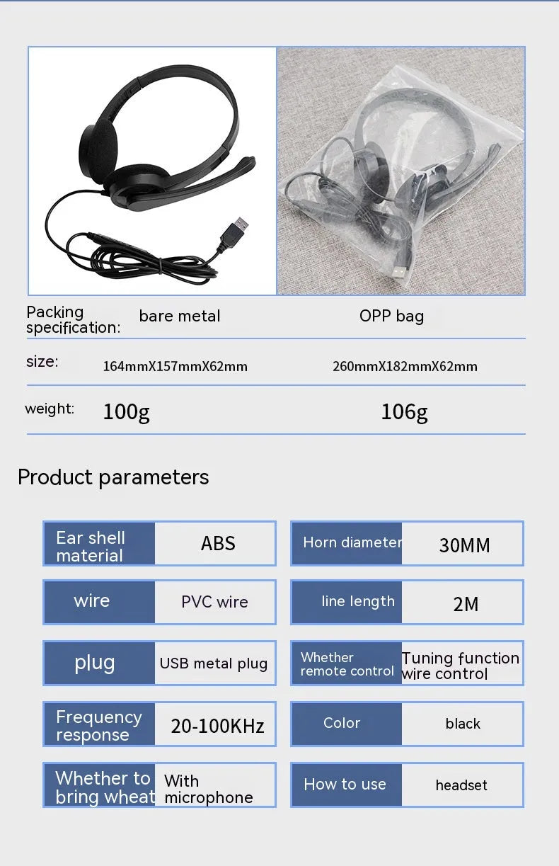 Black USB wired gaming headset with microphone, sponge ear pads and PVC cable for PC computer use