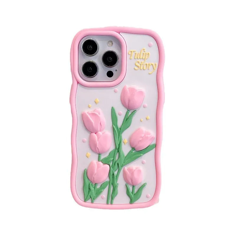 3D tulip silicone iPhone case with frosted finish, pink and colour matching, fall protection cover