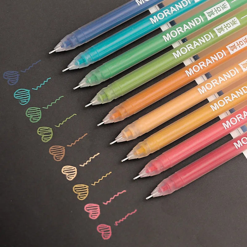Set of nine retro-style gel pens with 0.5mm needle tips in assorted colours on a 15.2cm by 8.5cm card.