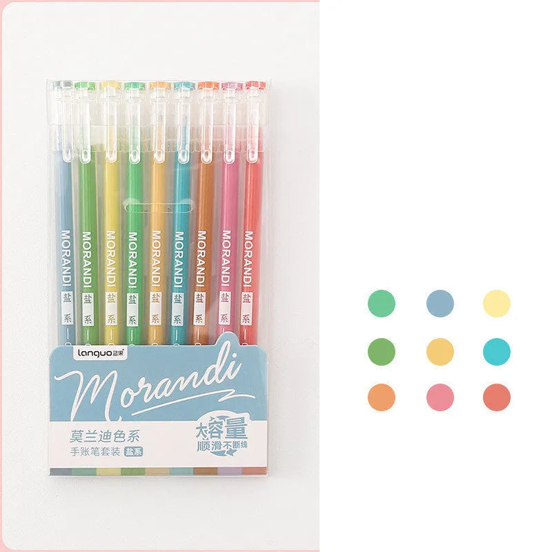 Set of nine retro-style gel pens with 0.5mm needle tips in assorted colours on a 15.2cm by 8.5cm card.