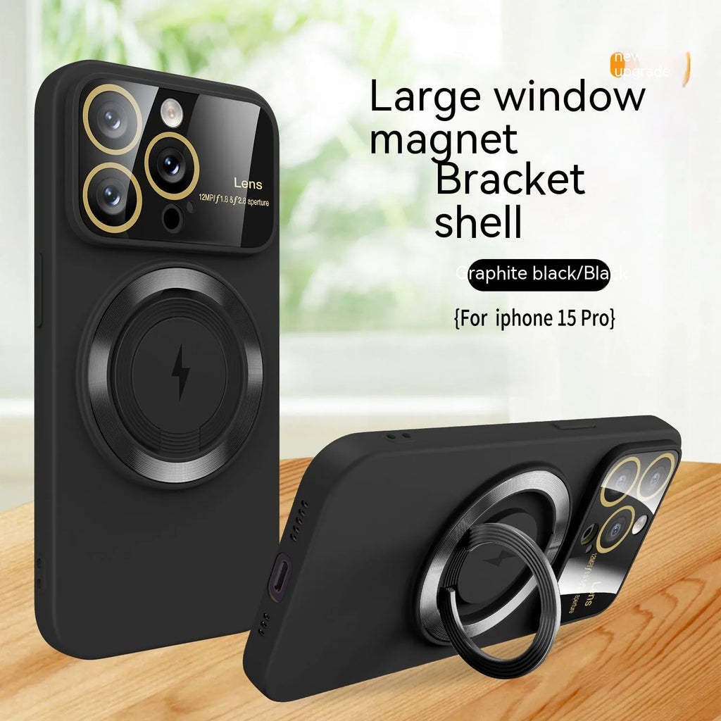 Large window magnetic bracket rotatable ring TPU phone case for iPhone 15 14 13 12 series in graphite black